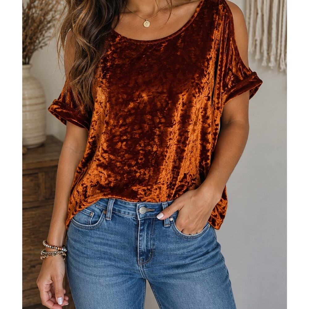 W5 Rust Crushed Velvet Cold Shoulder Top Womens M Boho Stretch USA Y2K Soft Glam